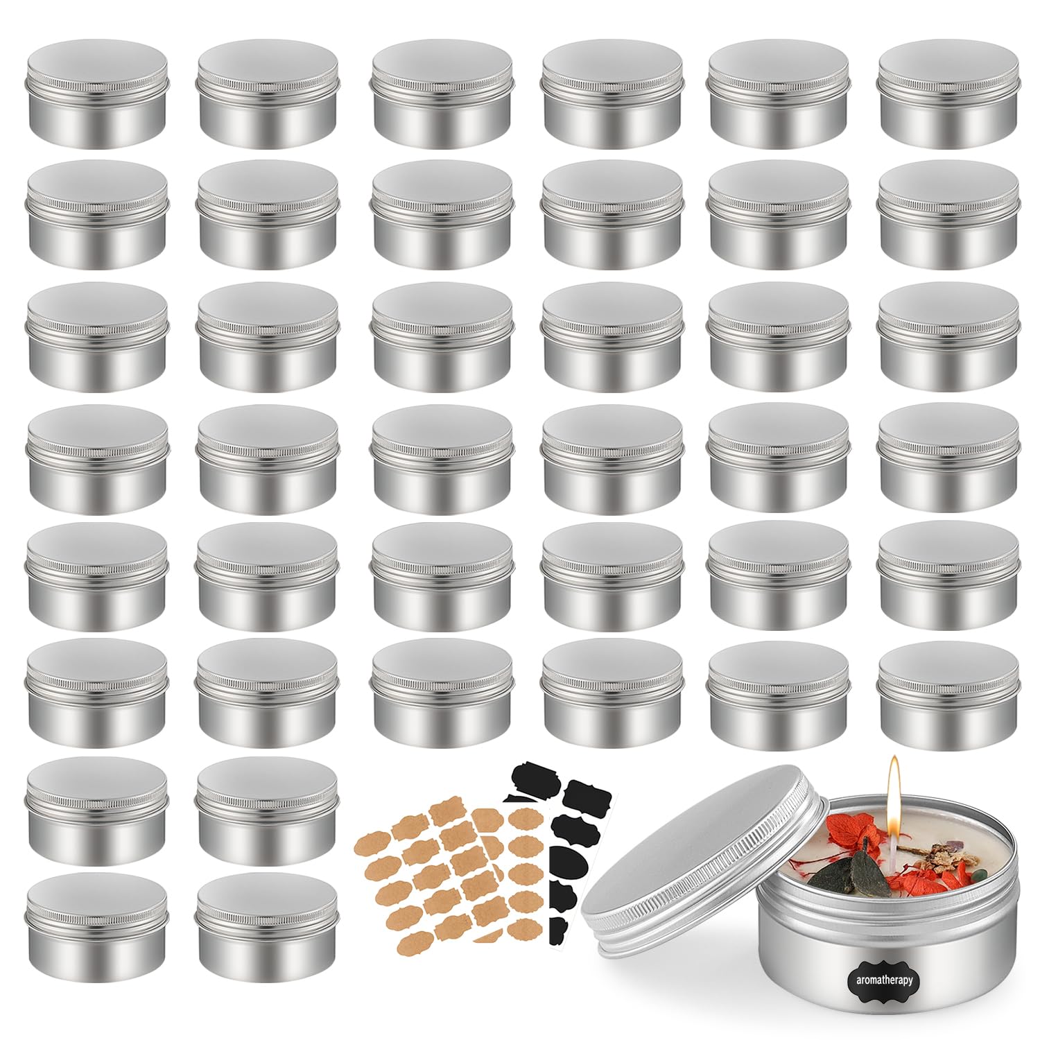 Photo 1 of LIYAR 3 oz Tins with Lids, 40 Pack Aluminum Jars 3 oz Tin Salve Tins Refillable Containers With Screw Top and Labels for Salve,Candle,Spices or Balms(Silver)