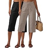 Neer 2 Pcs Women's Linen Wide Leg Capri Pants Beach High Waisted Drawstring Casual Loose Capris Pants with Pockets