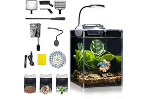 WONDERFACTORY Desktop Small Aquarium Set Glass Fish Tank 1.25 Gallon, Heater Water Pump Filter Bright LED Light Gravel Cleaning Tool, Starter Kit Small Space Easy Setup Space-Saving Design Betta Shrimp
