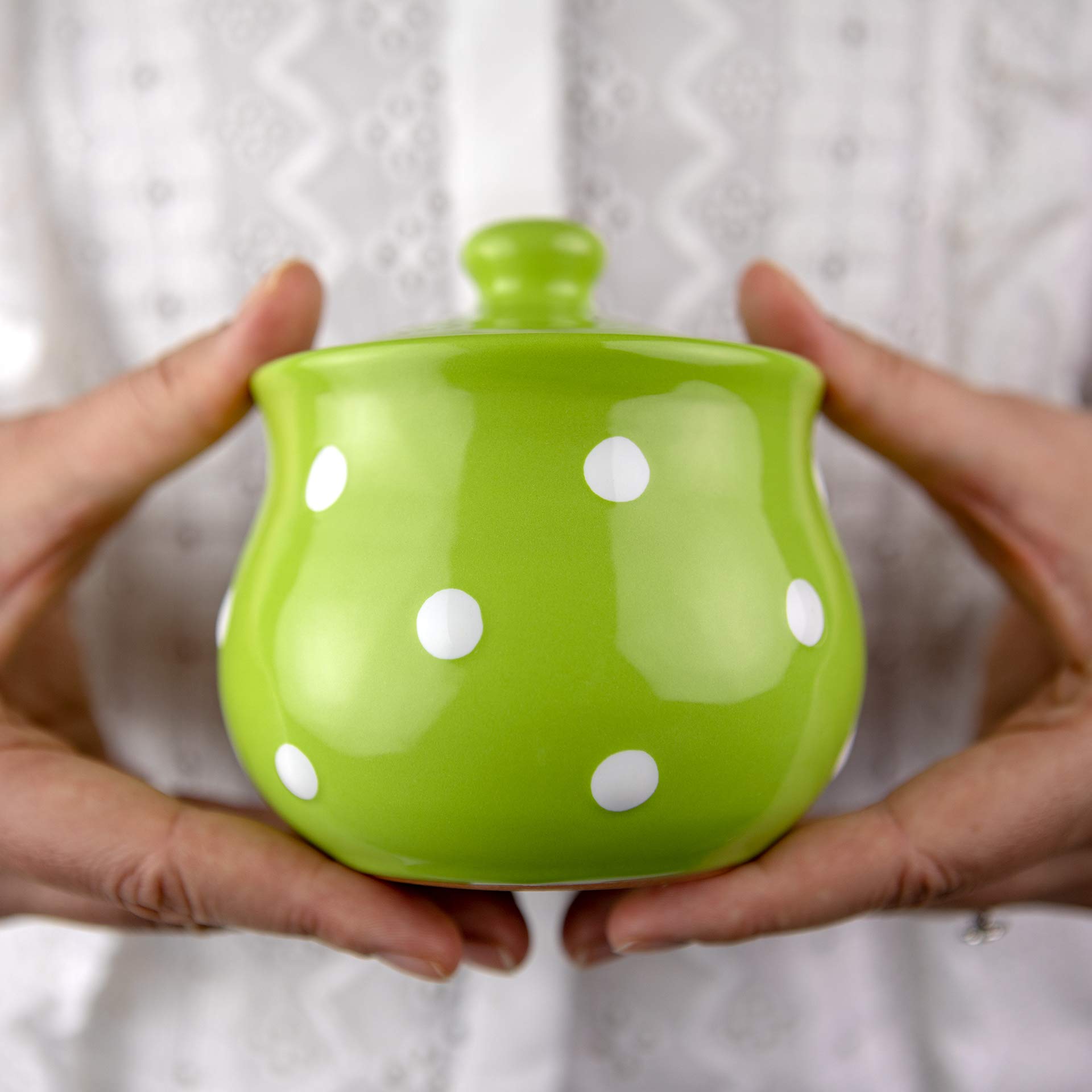 City to Cottage Ceramic Sugar Bowl with Lid, 10oz Sugar Contanier for Coffee Bar, Sugar Dispenser Bowl, Salt - Condiment Pot for Kitchen Counter, Handcrafted Pistachio Green Polka Dot Sugar Jar