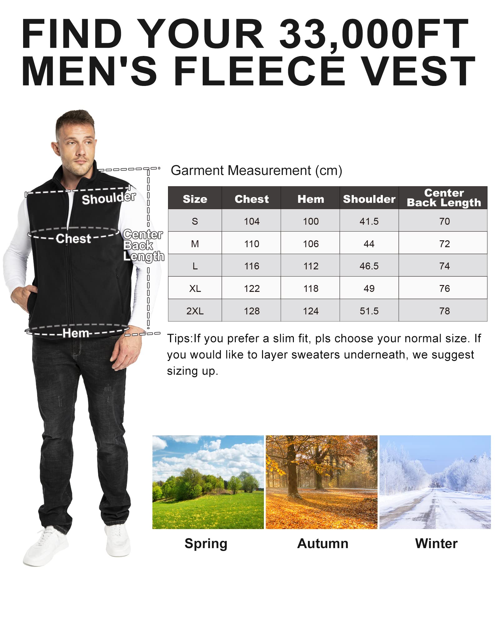 33,000ft Herren Fleece Weste Jacke Standkragen Ultraleicht Outdoor Ärmellose Fleecejacke Gilets Tops Fleeceweste Herren mit Taschen Reißverschluss (Schwarz,L) 6