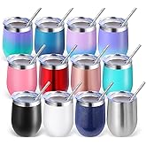 Volhoply 12oz Stainless Steel Wine Tumbler with Lid Bulk 12 Pack,Double Wall Vacuum Stemless Wine Glasses,Reusable Metal Travel Coffe Mug with Straw,Insulated Cups Gifts for Christmas(Assorted,12 Set)