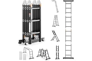 VEVOR Multi-Purpose Folding Ladder, 7-in-1 Tall Extension Step Ladder, A Frame 3 Step with Scaffolding Plank Telescoping Ladd