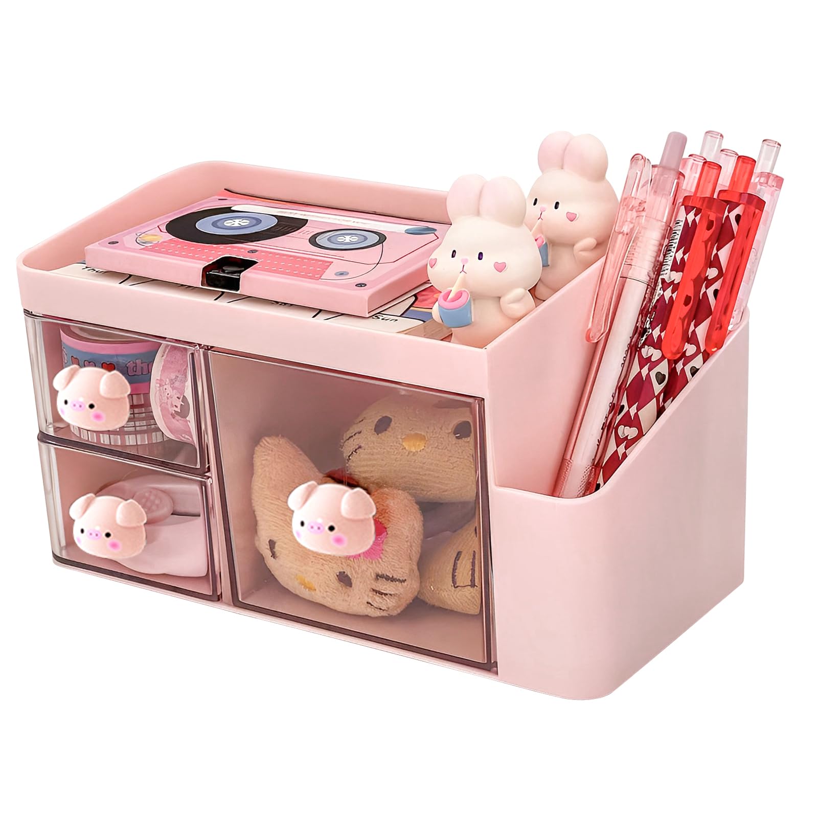 Marte Vanci Desk Organiser with 3 Drawers, Cute Desktop Tidy Stationery Organiser with Pen Holder, Small Plastic Storage Caddy, Multifunctional Desk Accessories for Makeups Art Supplies Crafts Pink