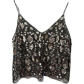 Womens Summer Sequin Sparkle Strape Camisole See Through Tank V Neck Y2k Cute Beaded Top
