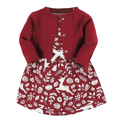 Touched by Nature Girls' Organic Cotton Dress and Cardigan, Red Winter Folk, 9-12 Months