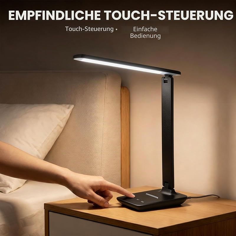 Schreibtischlampe LED, Tischlampe Dimmbar, Eye Caring Foldable, Desk Lamp mit 5 Helligkeitsstufen, Tischlampemit USB Ladeanschluss Touch Steuerung für Kinder, Schlafzimmer, Lektüre, Büros (Schwarz)