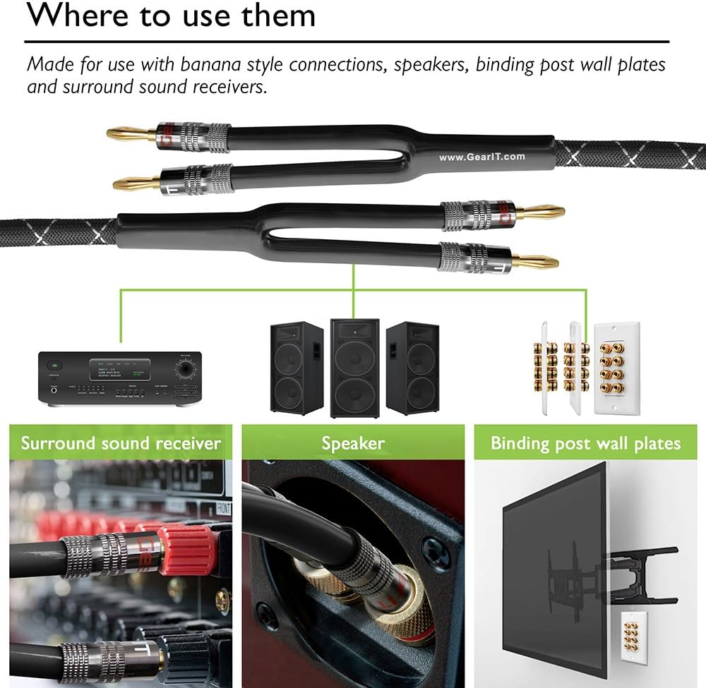 GearIT 12AWG Premium Heavy Duty Braided Speaker Wire (10 Feet) with Dual Gold Plated Banana Plug Tips - Oxygen-Free Copper (OFC) Construction, Black: Electronics