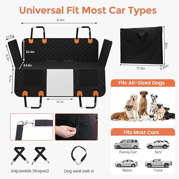 CHIORATREE DOG CAR SEAT COVER FOR BACK SEAT HARD BOTTOM – WATERPROOF BACK SEAT EXTENDER FOR DOGS HOLDS 500 LBS, SCRATCH-PROOF AND ANTI-SLIP DOG HAMMOCK FOR CAR, SUV, SMALL TRUCK, BLACK