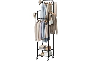 Chrislley Heavy Duty Clothes Rack with Wheels, 71" Portable Clothing Rack with 2 Shelves and 4 Hooks, Small Rolling Garment R