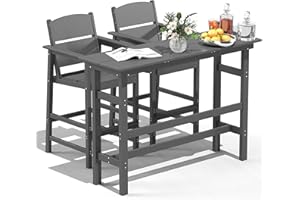 FOOWIN 3 Piece Outdoor Bar Height Table and Chairs, All Weather HDPE Patio Bar Set Outdoor Bistro Set,Adirondack Bar Chairs Set of 2 Outdoor Furniture for Bistro, Poolside, Backyard Grey