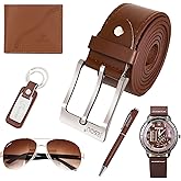 Baojulong 6pcs Men's Gift Set with Box Brown Leather Belt Wallet Watch Glasses Keychain Ballpoint Pen Gifts for Men, Valentines Day Gifts for Him