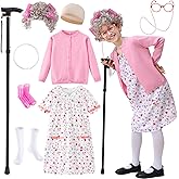 FUNSENLY Old Lady Costume for Kids Girls 100 Days of School Costume, Granny Grandma Dress Up for Girls
