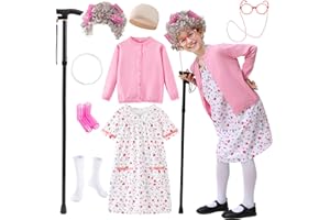 FUNSENLY Old Lady Costume for Kids Girls 100 Days of School Costume, Granny Grandma Dress Up for Girls