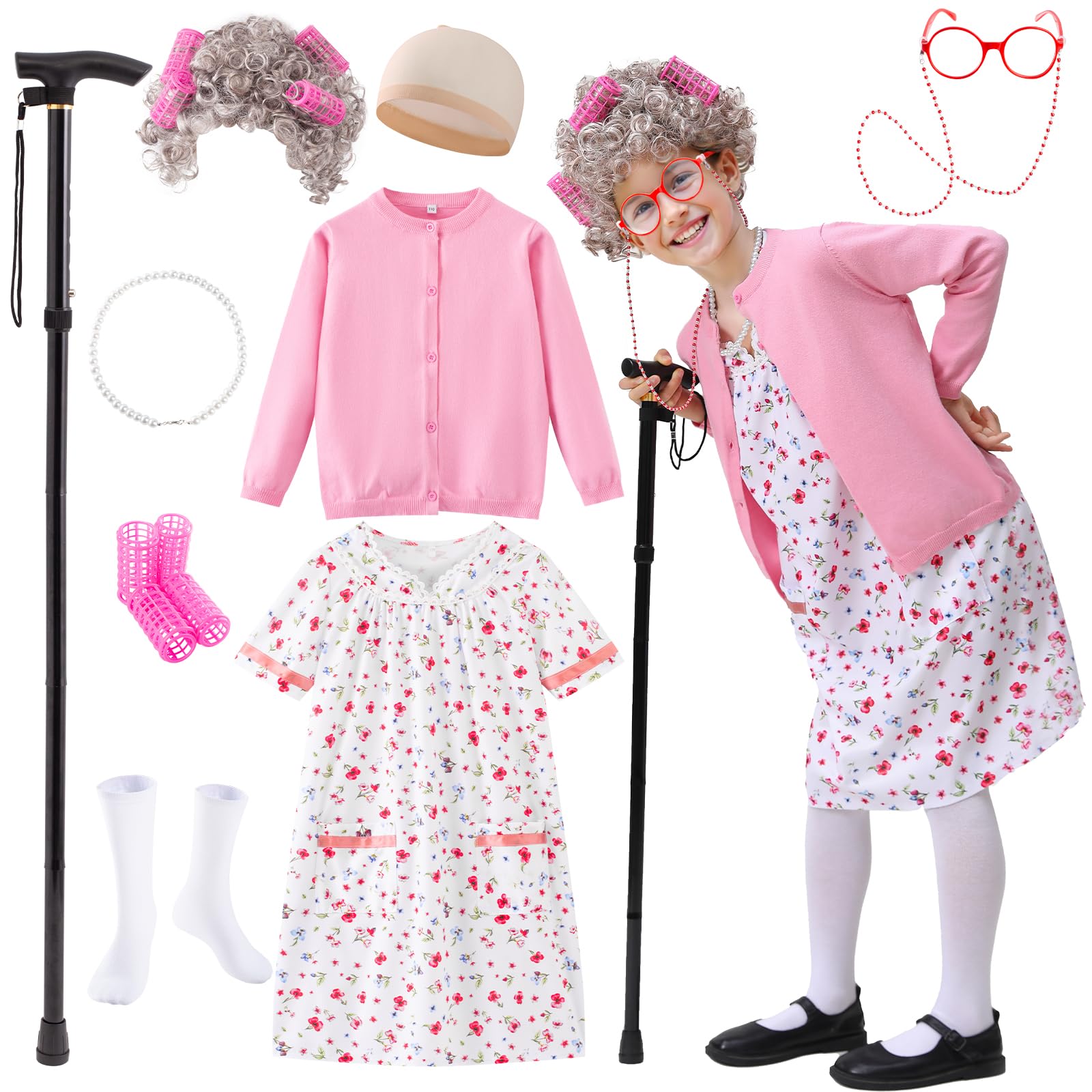 Photo 1 of FUNSENLY Old Lady Costume for Kids 100 Days of School Costume, Granny Grandma Dress Up for Girls, Halloween Costumes for Girls