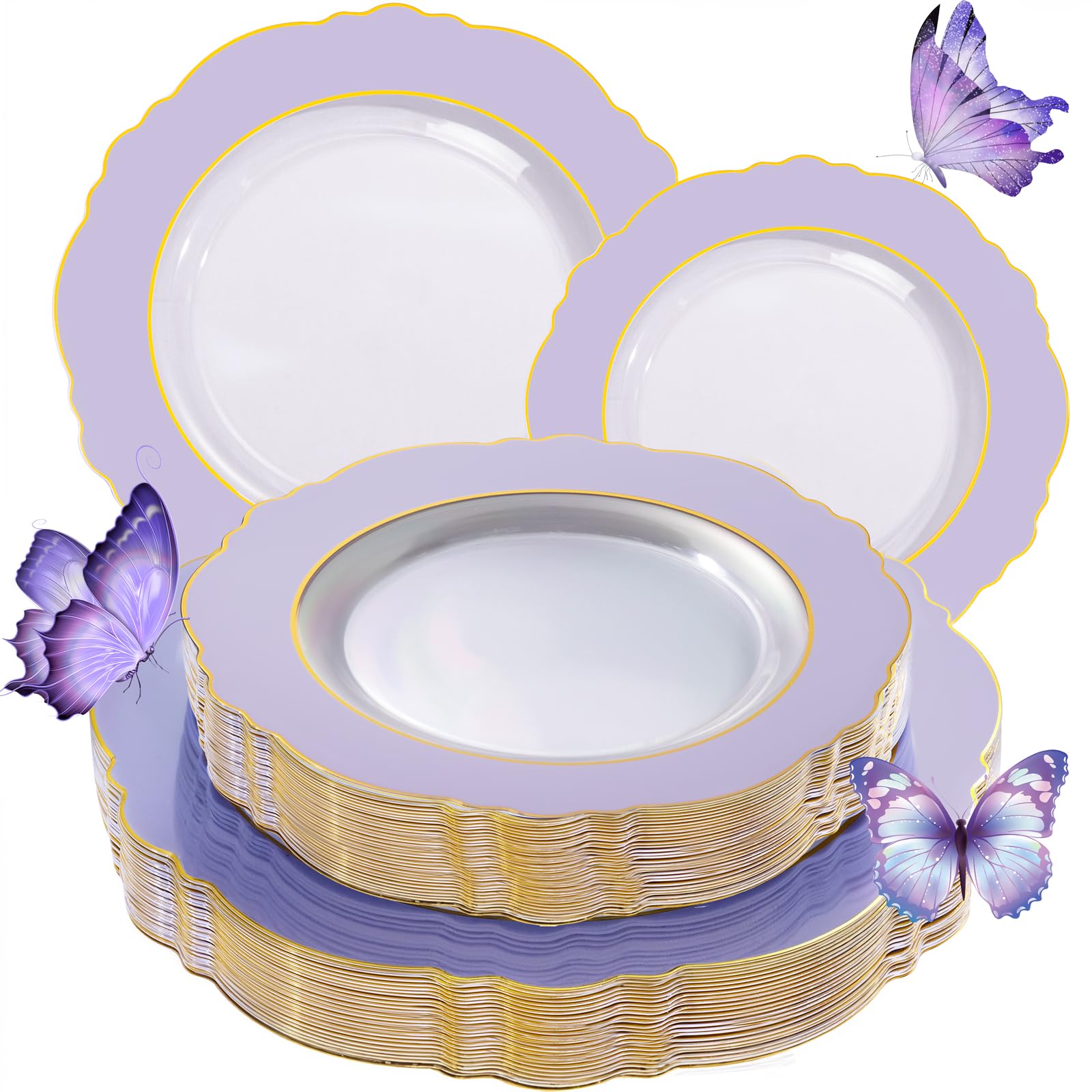 Photo 1 of WDF 60pcs Clear Purple Plates Disposable with Gold Rim - Baroque Lavender Purple Plastic Plates for Party/Wedding/Spring Picnic