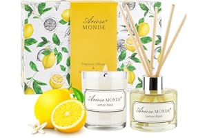 ARIOSEMONDE Reed Diffuser & Scented Candle Gift Set, Lemon Basil Oil Diffuser Sticks, Fragrance Diffuser & Soy Wax Candles in Glass Jar, Natural Soy Candles Gifts for Home Decor
