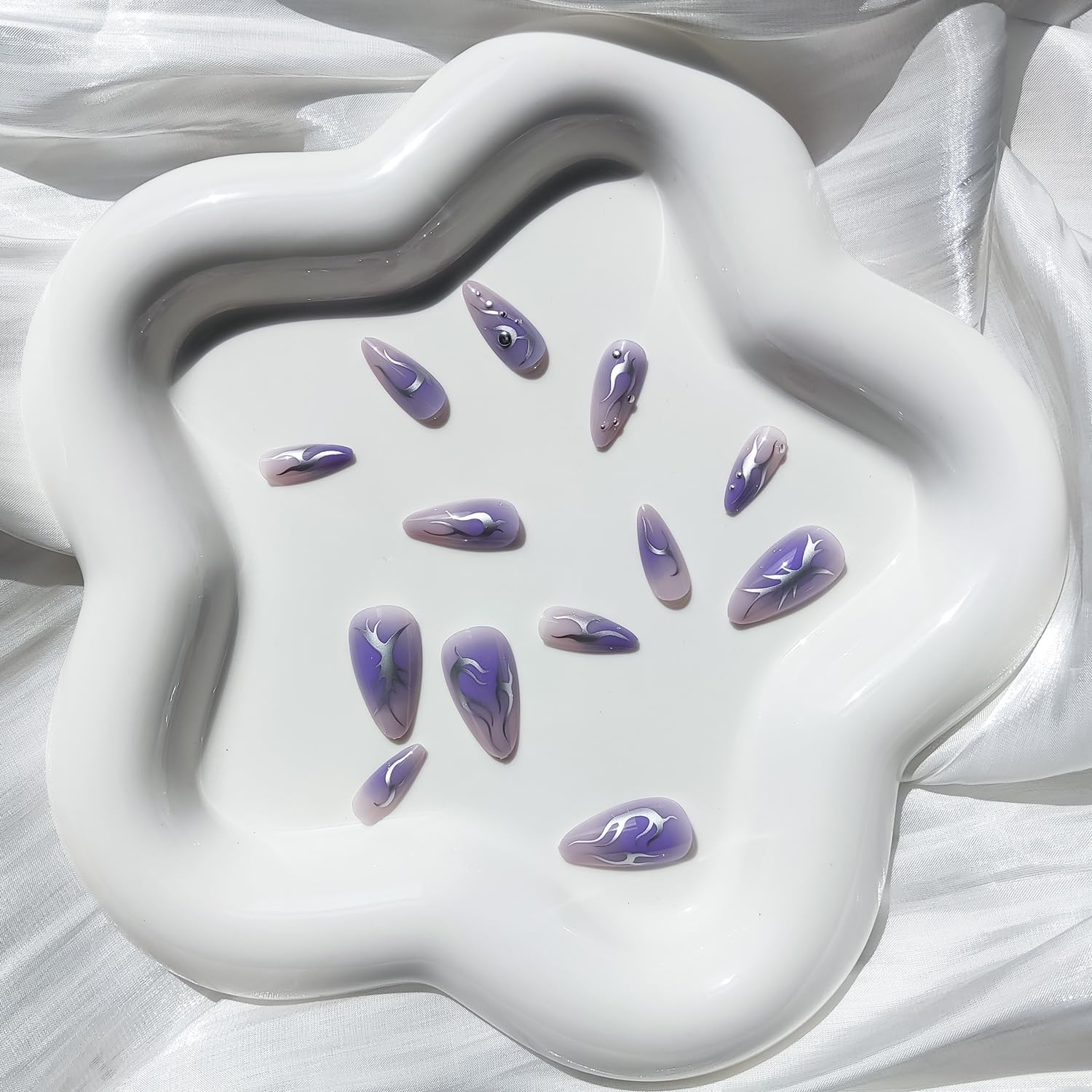 24 Pcs Purple Press on Almond Fake Nails - Pearl Designs, Glossy Full Cover Stick on Nails for Women - Image 3