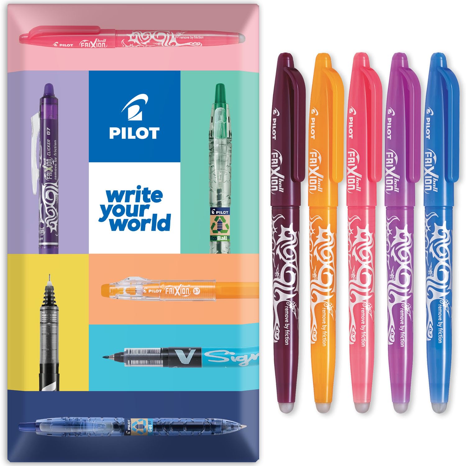 PILOT Frixion Heat/Friction Erasable Rollerball Pen FR7 - Medium Line 0.7mm Tip Nib - Pack of 5 in Envelope Gift Packaging - Wine Red, Coral Pink, Apricot Orange, Purple & Sky Blue