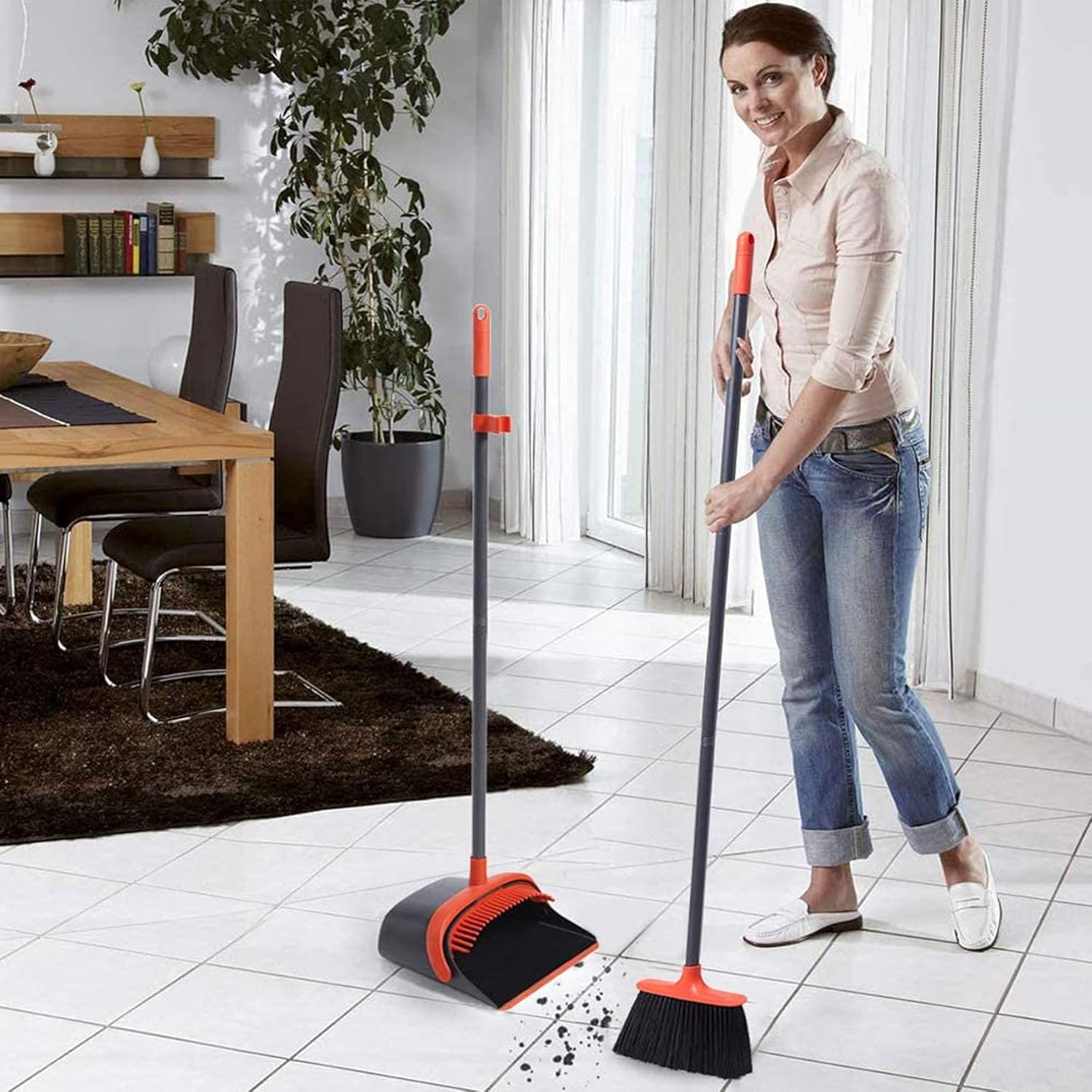 Broom and Dustpan Set, Dustpan and Broom Set, Long Handle Broom with Dustpan, Broom and Dustpan Combo for Office Home Kitchen Lobby Floor Use,Upright Standing Dustpan Broom Set: Garden & Outdoor