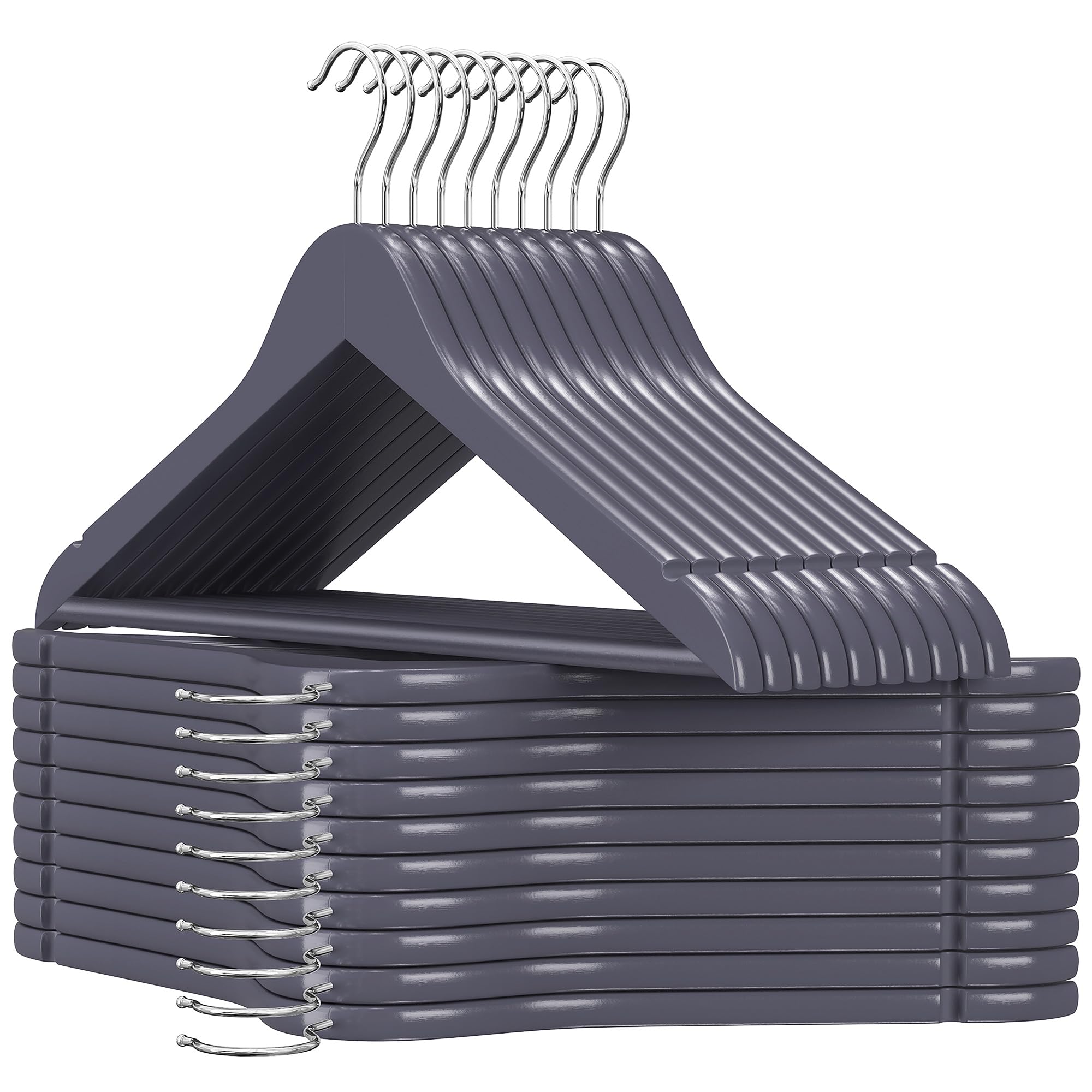 SONGMICS Wooden Hangers, Set of 20, Coat Hangers, Clothes Hangers, with Shoulder Notches, Anti-Slip Trousers Bar, 360° Swivel Hook, for Suits, Shirts, Coats, Grey and Silver CRW001G01