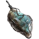 SUNYIK Natural Labradorite Pendant Necklace for Men Women, Irregular Handmade Wire Wrapped Crystal Necklace for Unisex