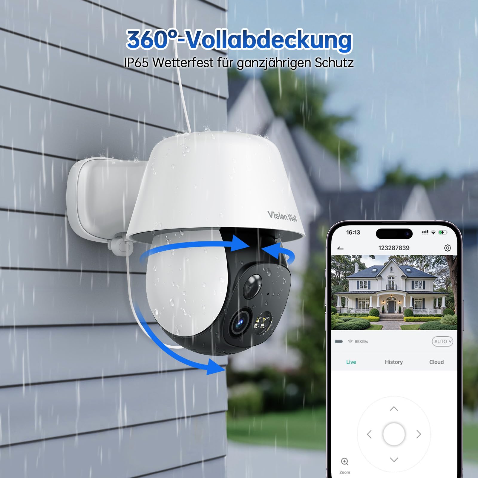 VISION WELL Solar Überwachungskamera Aussen, 2K 360° PTZ WLAN IP Kamera Kabellos, PIR Personenerkennung, Farbnachtsicht, Sirene & Lichtalarm, 2-Wege-Audio, IP65 Wetterfest, SD/Cloud 6