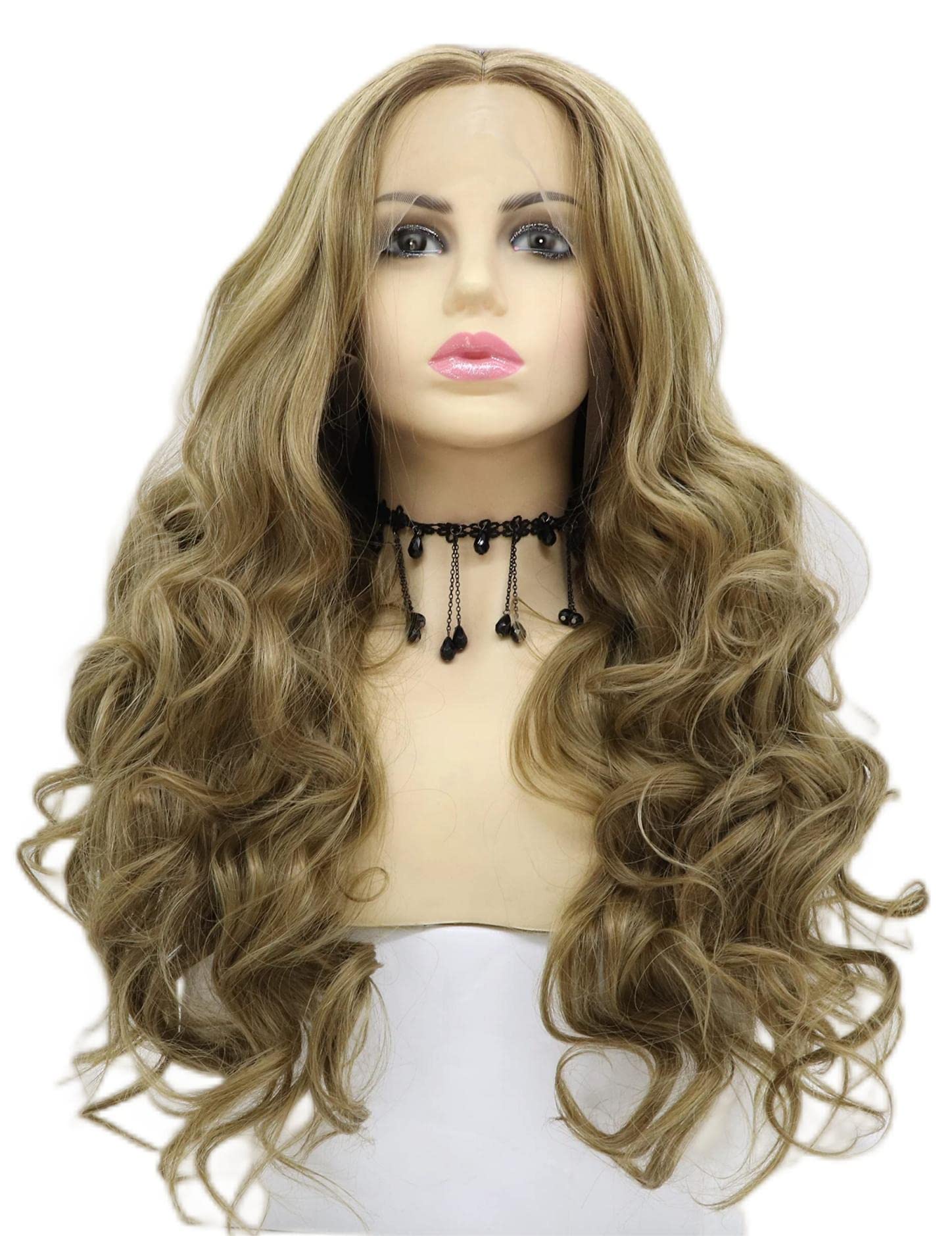 Brown Blonde Lace Front Wigs Body Wave Hair Dark Brown Blonde Mix Dark Roots Long Natural Wavy Heat Resistant Synthetic Wig With Middle Parting 24 Inch (Brown Blonde)