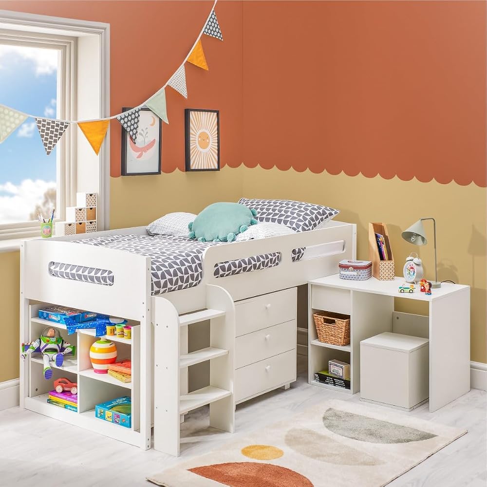 Home Treats Cabin Bed Mid Sleeper with Storage & Desk for Kids White