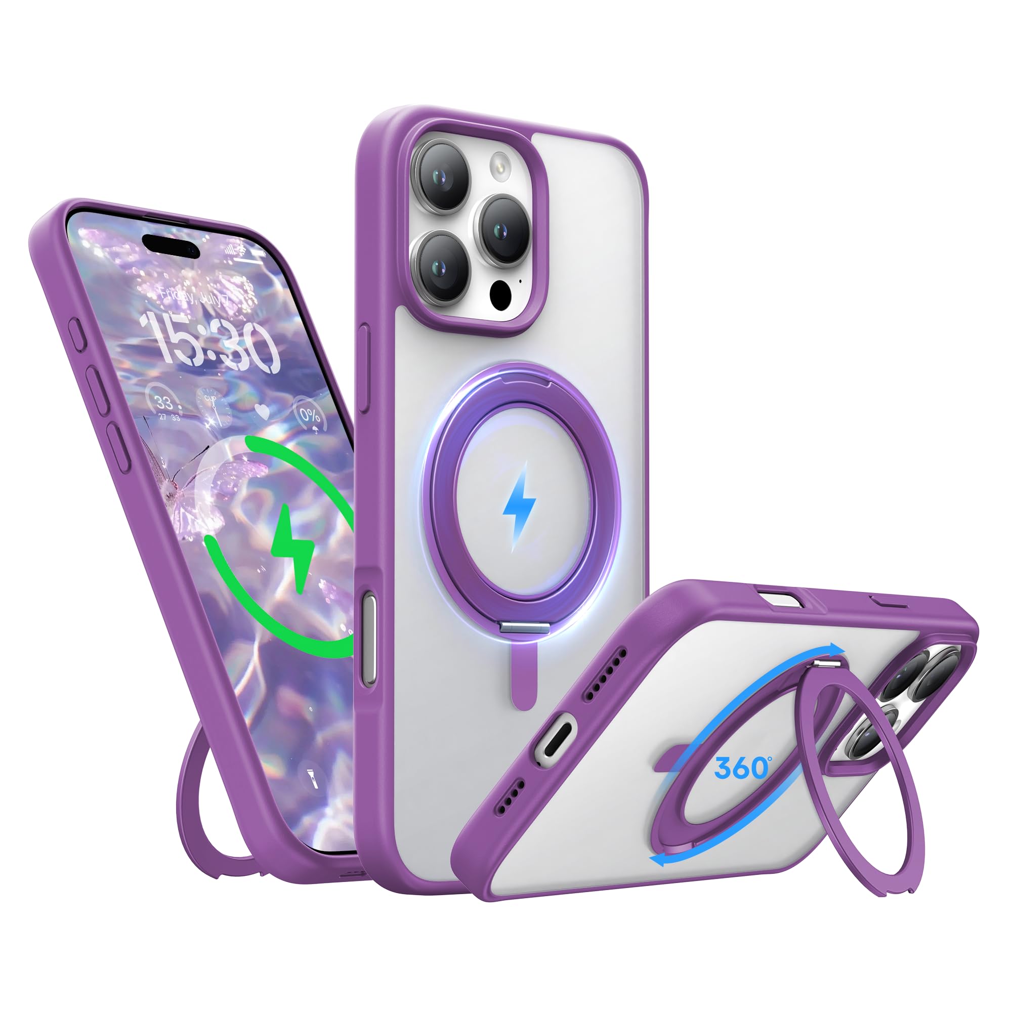 Niunisi Stand for iPhone 16 Pro Max Case, [Compatible with Mag Safe] 360° Rotatable Ring Holder Kickstand Military Shockproof Protective Case for iPhone 16 Pro Max 6.9 Inch, Purple