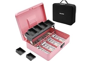 Polspag Cash Box with Bag & Combination Code, Metal Money Box with Money Tray, Large Locking Cash Boxes, Deluxe Lock Safe Box, Portable Cash Box with Adjustable Coin Box, 4 Bill 5 Coin Slots, Pink