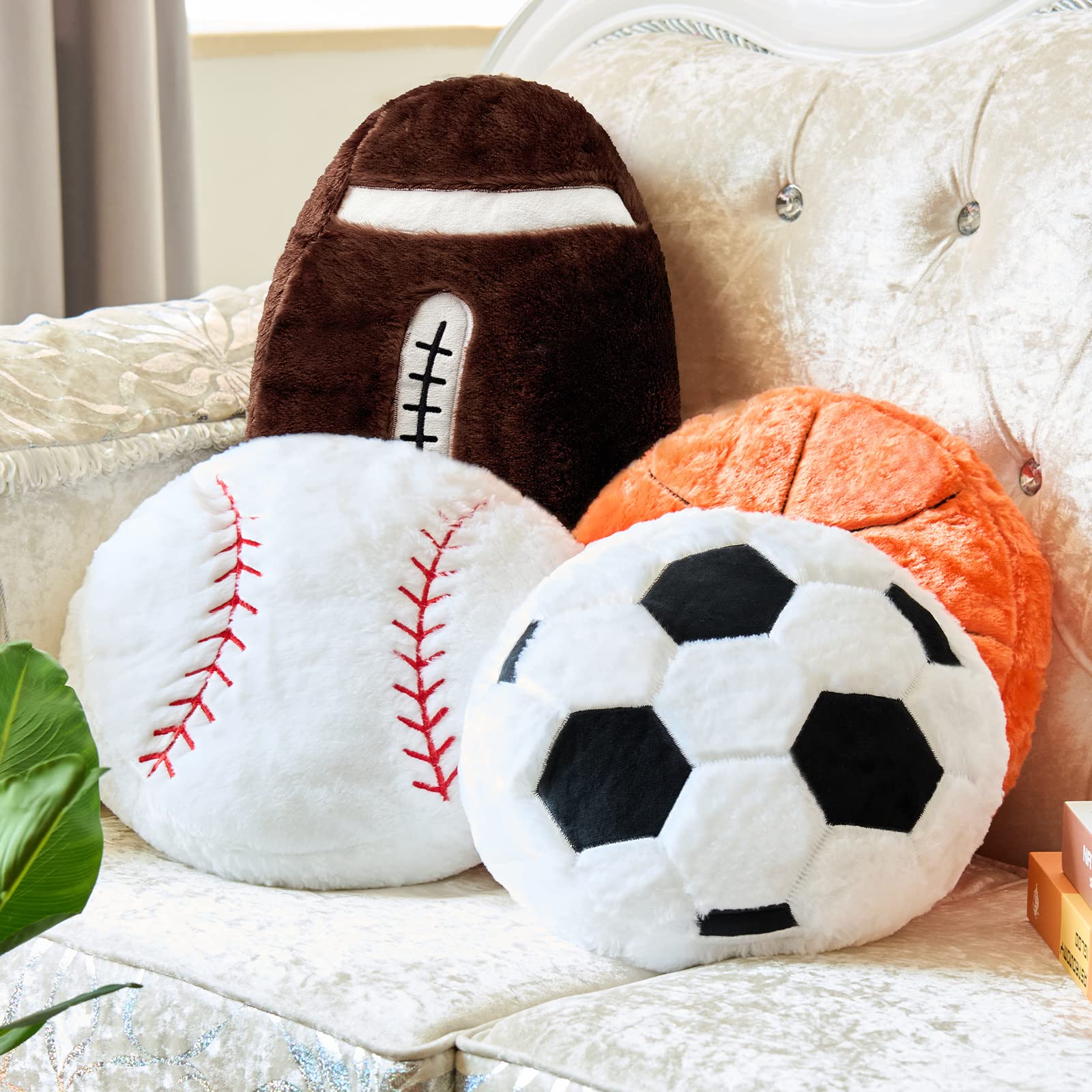 Photo 1 of **JUST THE FOOTBALL** Juexica Sports Throw Pillows Fluffy Stuffed Soccer Basketball Baseball Pillow Plush Toy Sport Cushion for Room Decor Birthday Present(Medium,Assorted Color,4)