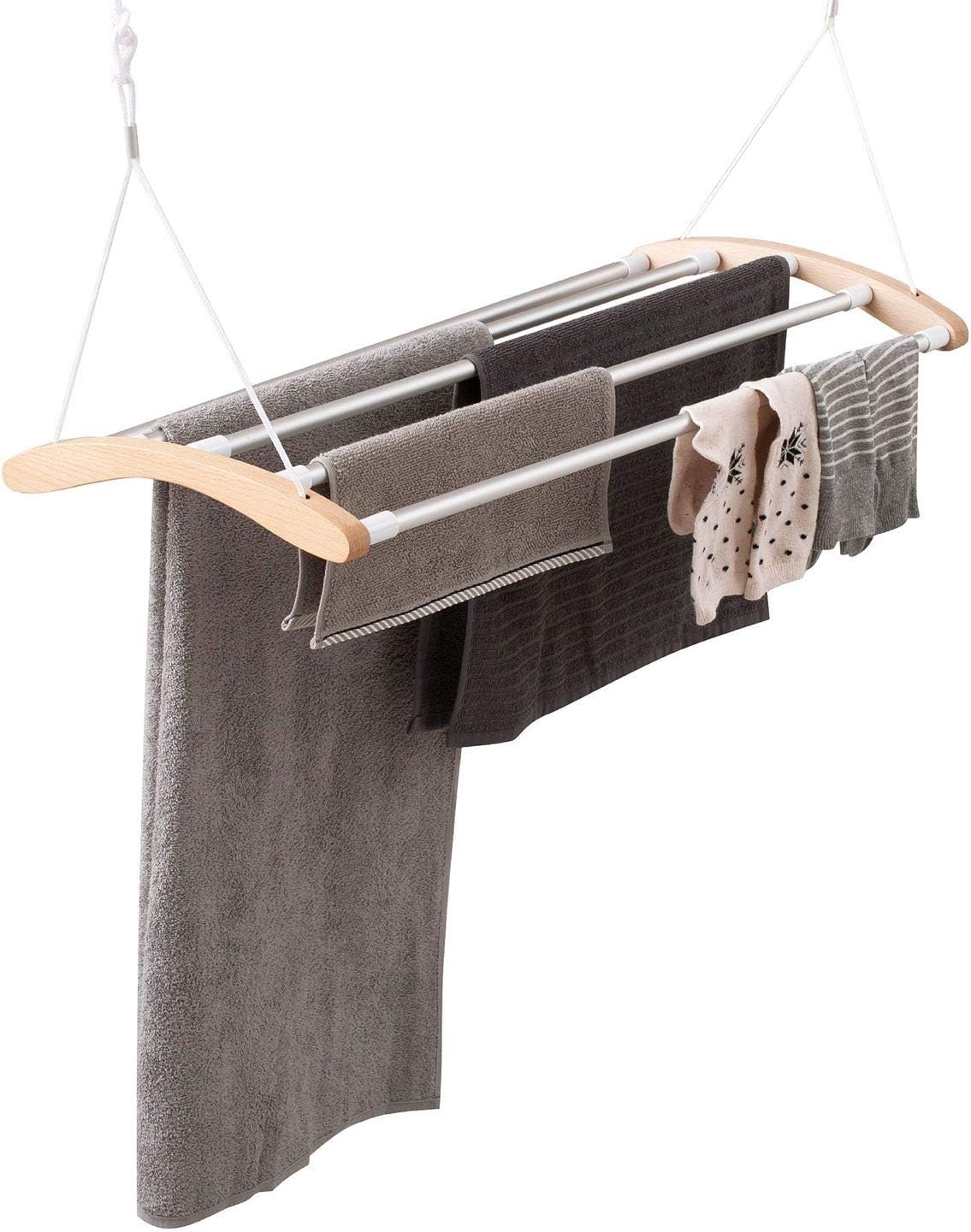 INNOKA Extendable Ceiling Mounted Drying Rack, Luxury Birch Wood with 5 Strong Aluminum Bars [Space Saving] Clothes Laundry Dryer Hanger with Smart Pulley System, Extended up to 55", Maximum Load 9KG