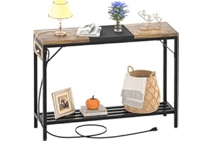 ARMOCITY Narrow Console Table with Power Strips, Sofa Table with Storage Shelves for Living Room, 2-Tier Foyer Tables for Entryway, Hallway, Behind Couch, Kitchen Counter, 39'', Rustic & Black