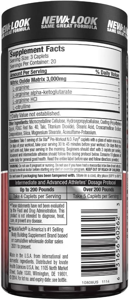 Nitric Oxide Supplement Pre Workout | Six Star Elite N.O. Fury | Pre-Workout Nitric Oxide Booster Muscle Builder | Nitric Oxide Pills for Men and Women | Workout Supplement for Men, 60 Capsules: Health & Personal Care