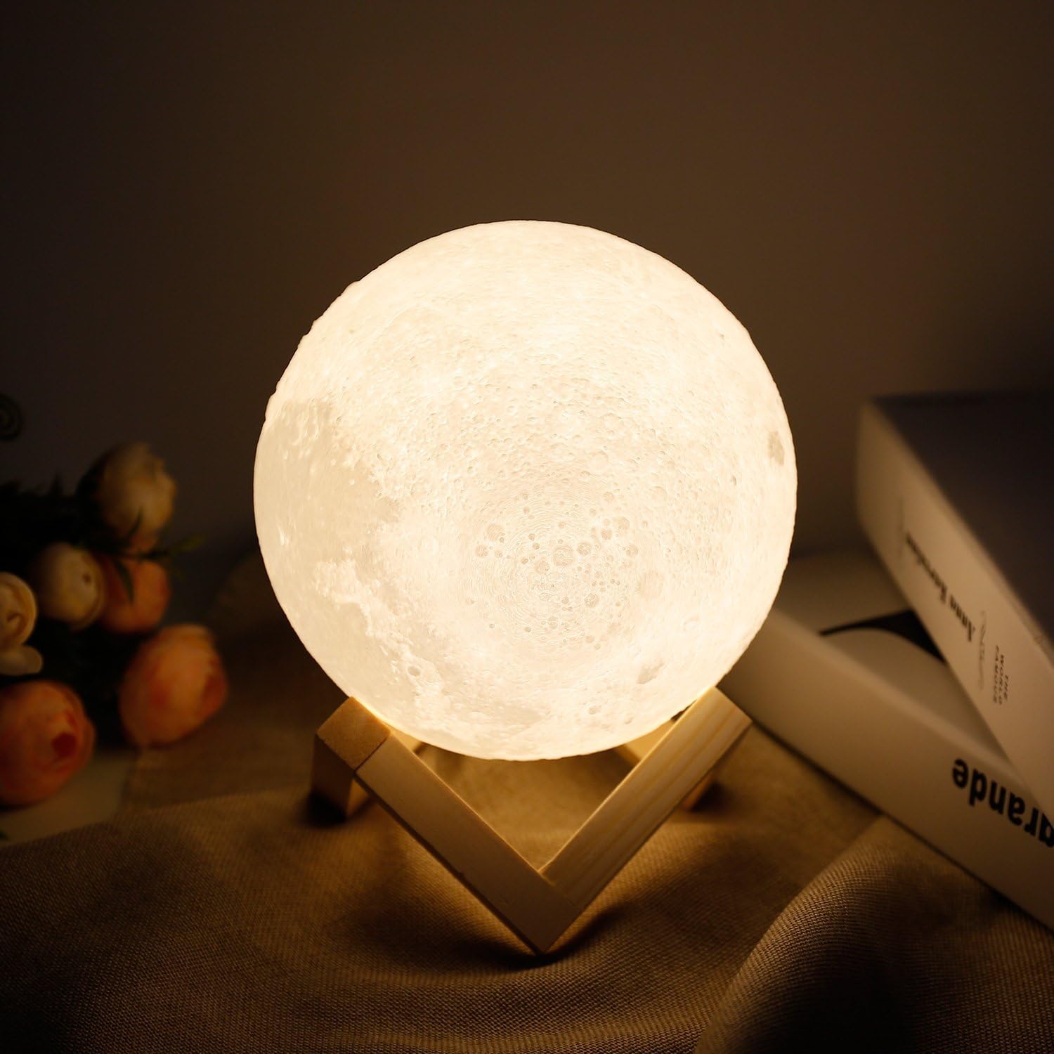 Moon lamp - Lampwin 7.1 Inch USB Rechargeable Dimmable LED 3D Full Moon Light Lantern, Touch Switch Warm / Cool White Crescent Enchanting Moon Night Light for Baby Nursery Kids Bedroom Home Decor Gift
