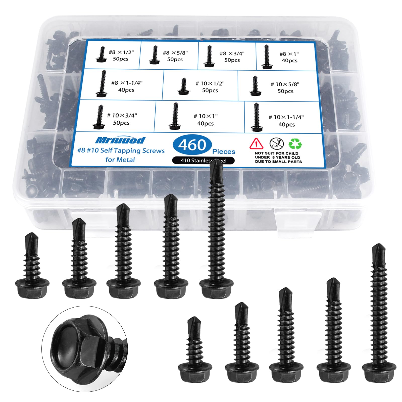 Photo 1 of 460PCS Black Self Drilling Screws Assortment Kit, 410 Stainless Steel Self Tapping Screws, #8#10 Hex Head Self Drilling Screws, Length 1/2" to 1-1/4'' (Black)