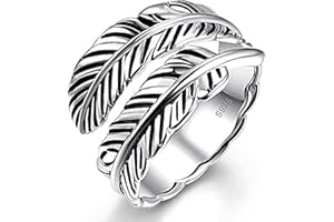 AVECON Sterling Silver Feather Ring with Black Onyx & Turquoise - Adjustable Stacking Vintage Statement Ring for Women & Men