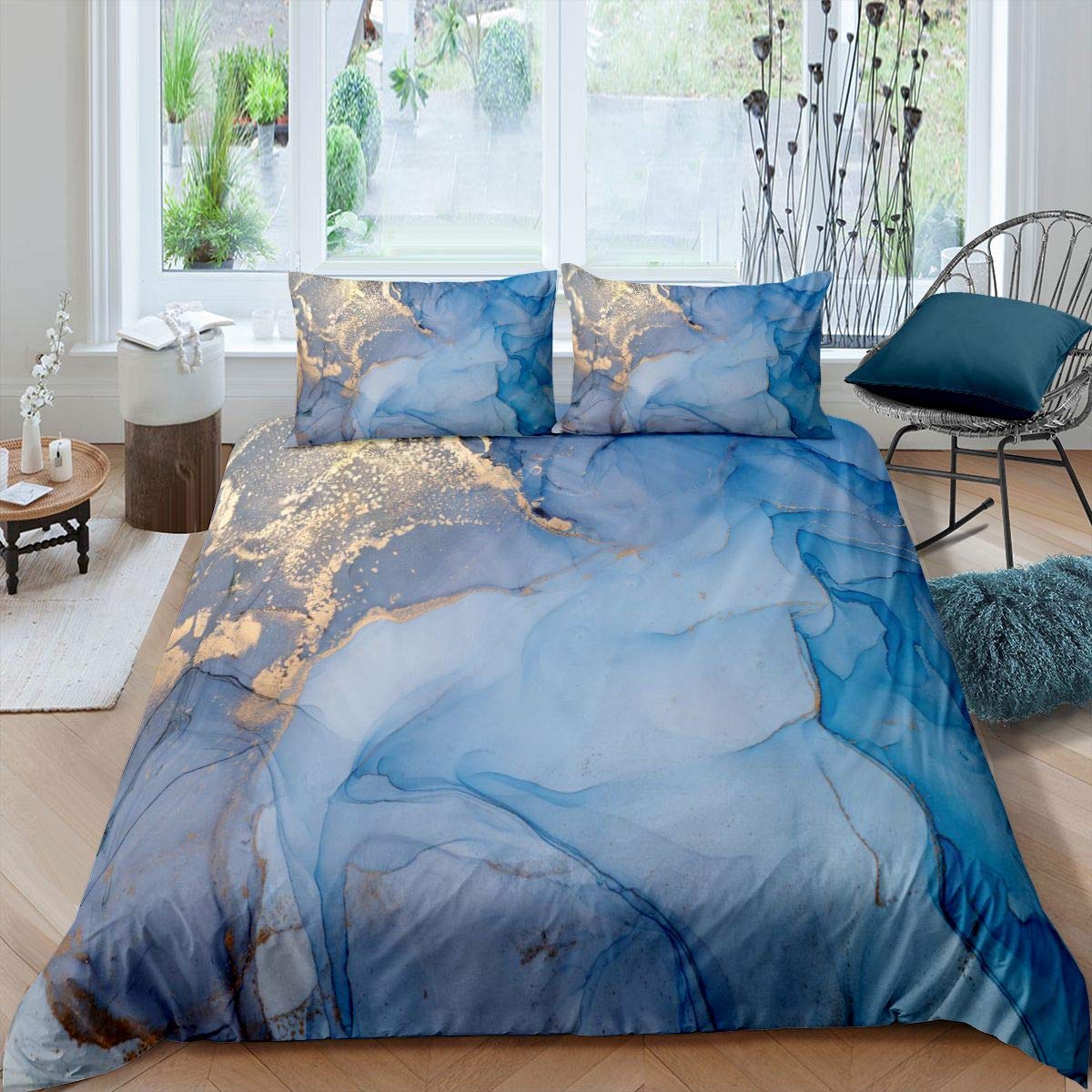 Marble Comforter Cover Abstract Art Bedding Set for Boys Girls Geometric Duvet Cover Golden Blue Simple Modern Bedspread Cover Double Size 3Pcs