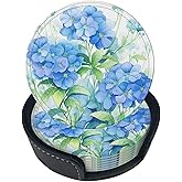 Famame 6 Pcs Hydrangea Blue Flowers Leather Coasters for Drinks with Holder Coaster Sets Drink Table Cup Coasters for Living Room Kitchen Coffee Decor