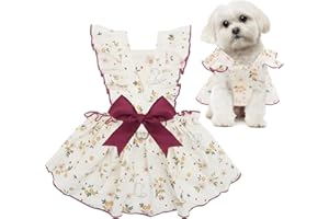 CuteBone Cotton Dog Dress Flowers with Leash Ring & Sleeve Ruffles, Soft & Breathable, Stylish Pet Clothes Outfit for Small Dogs, Comfortable & Easy to Wear CFX03XS