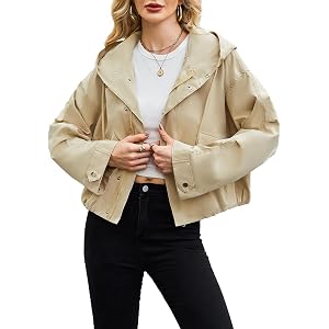 Kikibell Womens Cropped Jacket Lightweight Trendy Raincoat Oversized Utility Anorak Coat Waterproof Windbreaker with Pockets
