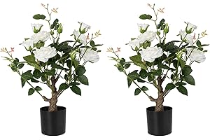Howngyesimu Artificial Rose Flower Trees 2 Pack- 24’’ Lifelike Plant in Pot with White Flowers Decorative Rose Trees for Home, Office, Wedding, and Event Decor, White