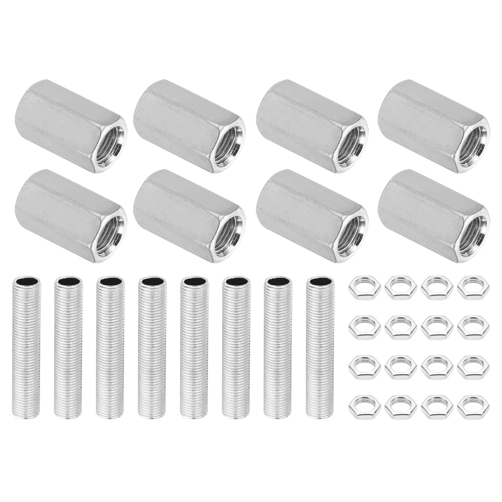 PATIKIL M10 Fine Thread Lamp Pipe Repair Parts Kits, 32 Pcs M10×25 Metal Hexagon Closed Coupling Nut with Threaded Pipe and Hex Nut for Light Repair