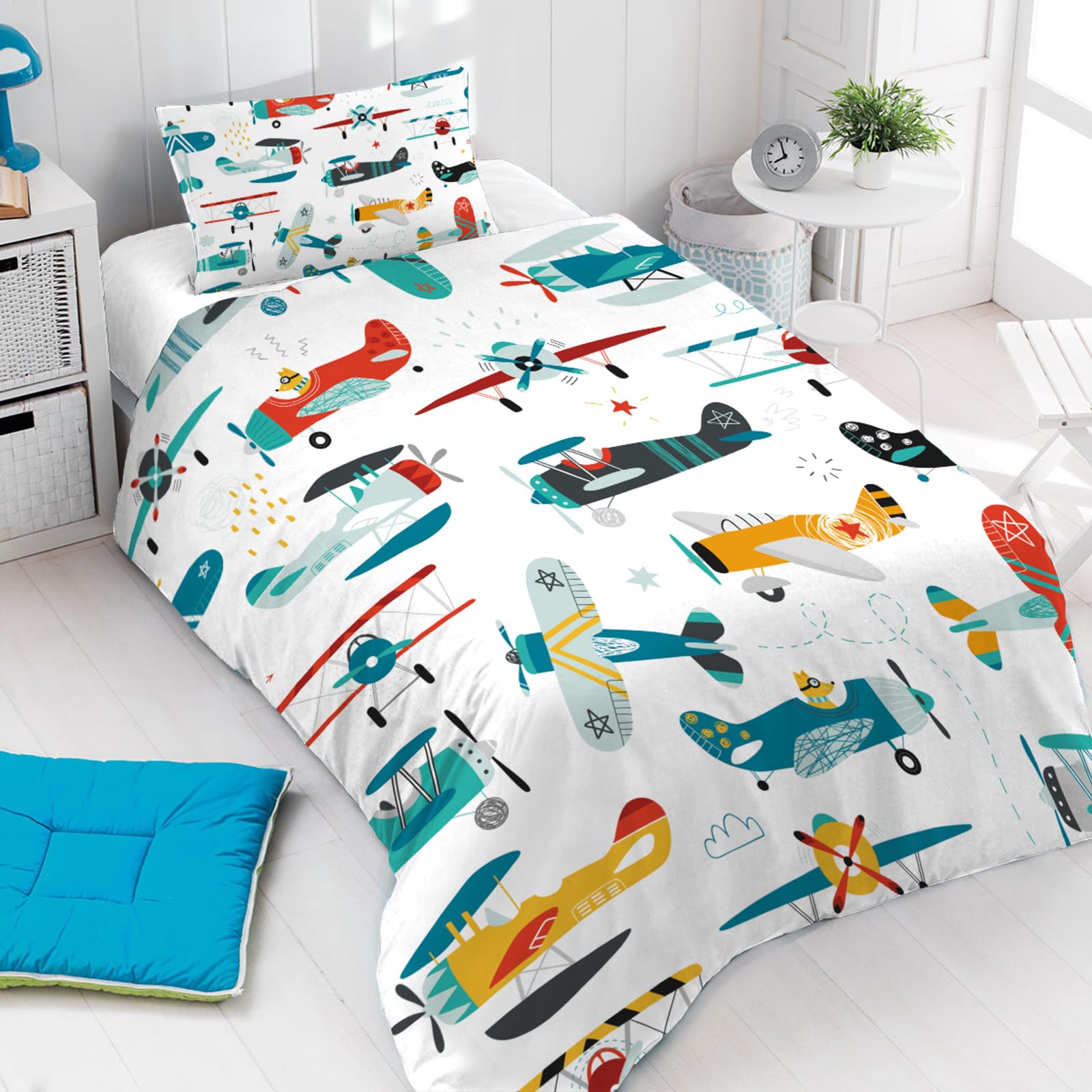 Yasida Aircraft Boys Single Bedding Sets Flying Airplane Print Microfibre single duvet set Cute Bedding For Boys/Girls Kids Duvet Cover Single 135x200 Duvet Cover With 1 Pillowcase 50x75 white โ image 1
