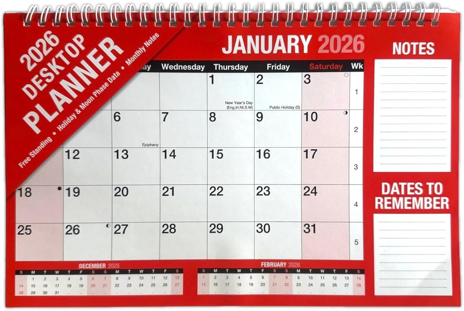 PaulStore 2026 Month to View Desktop Planner Red and White Calendar for Home Office and School Use 29cm x 15cm