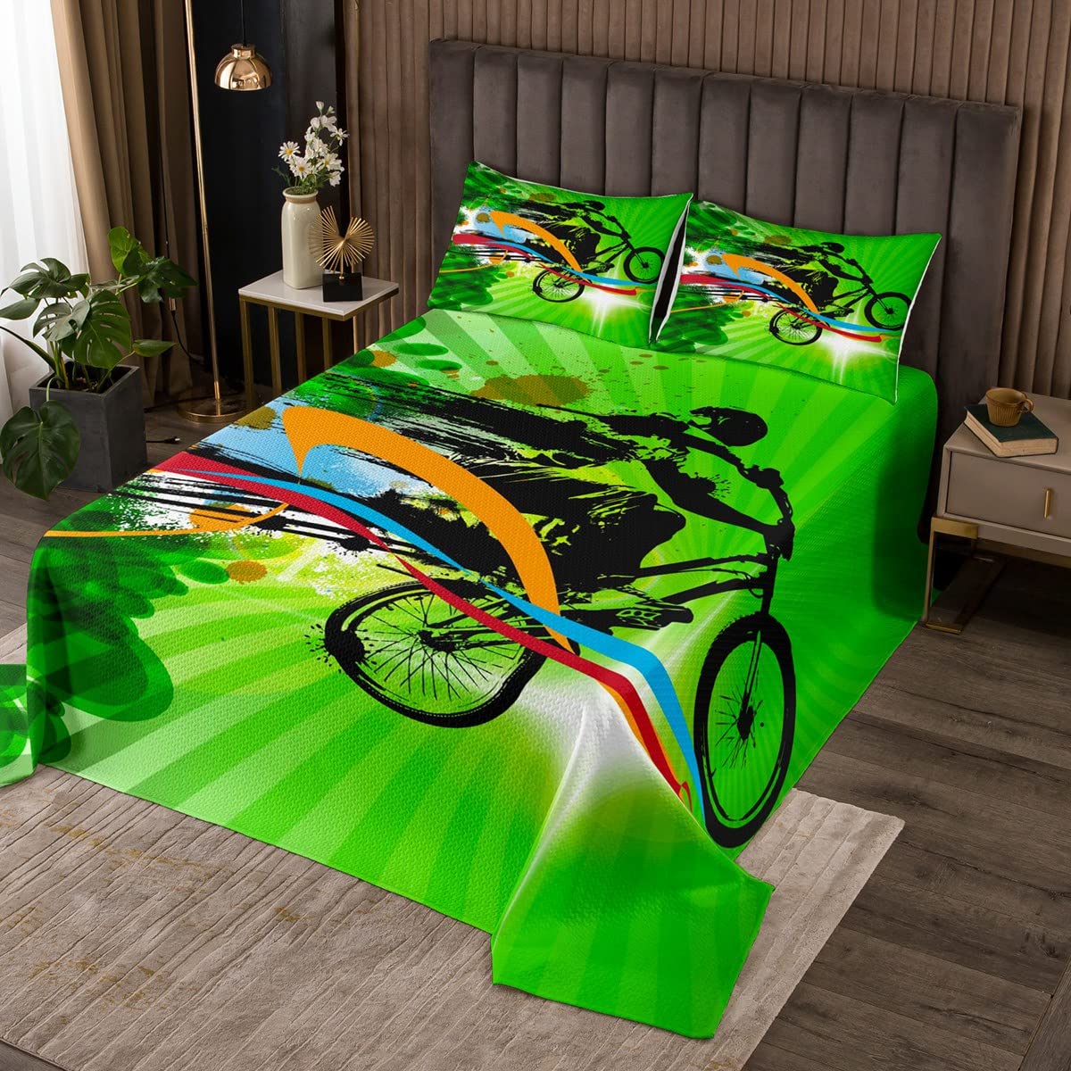 Homemissing Boys Dirt Bike Quilted Bedspread Extreme Sports Theme Coverlet Set for Kids Boys Graffiti Motocross Rider Quilted Bedspread Green Double Size
