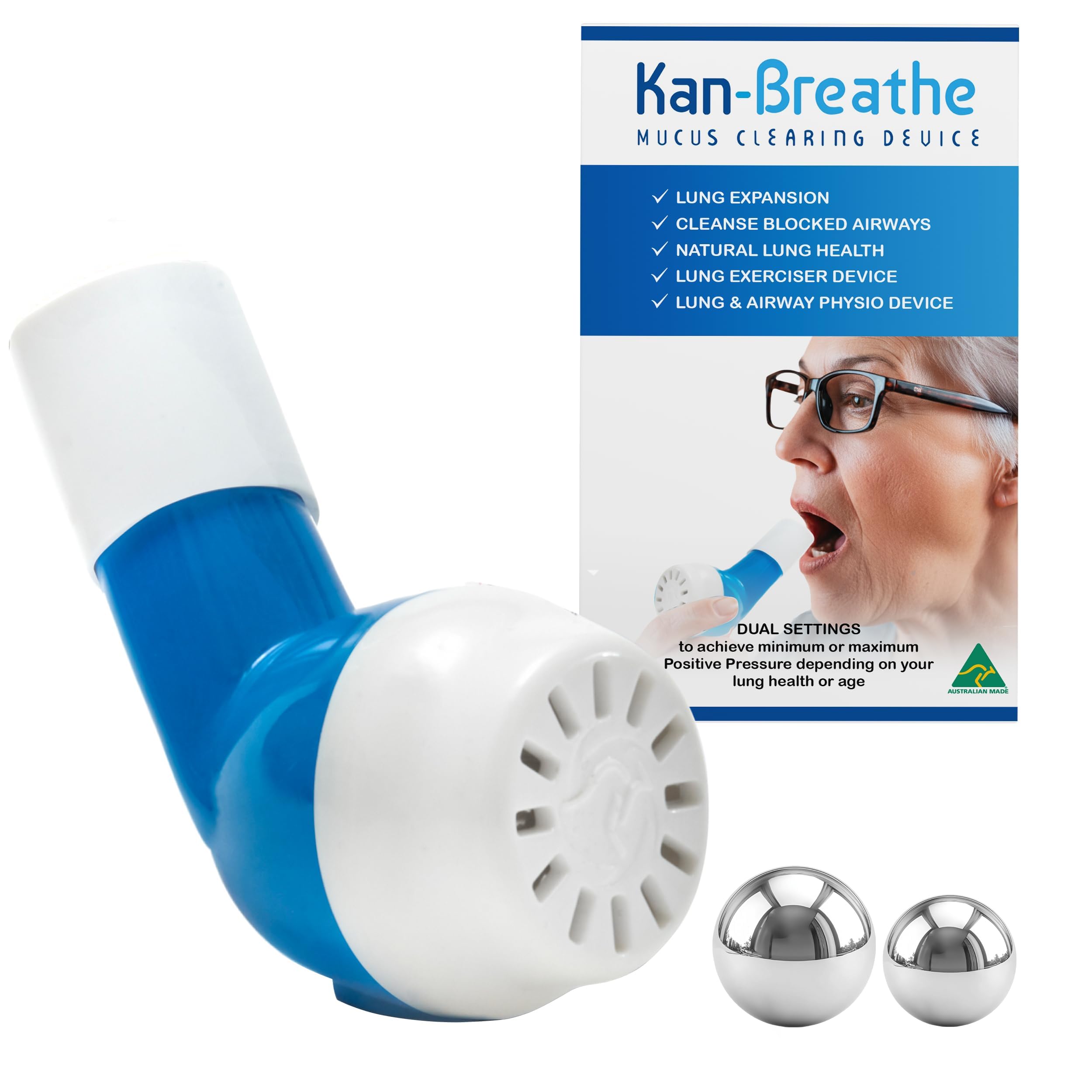 Natural Lung Exerciser & Mucus Removal Device – OPEP Breathing Exercise Trainer for Airway Clearance & Lung Strength – Adjustable Resistance Steel Ball Bearings – Made in Australia – Blue