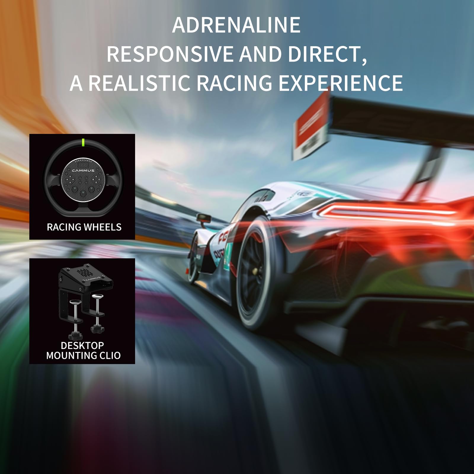 CAMMUS Racing Wheels, cubierta de rueda de cuero + retenedor de escritorio, fuerza de retroalimentación real, levas de cambio magnéticas, operación de alto rendimiento de PC - negro (Negro - juego de 2 piezas)