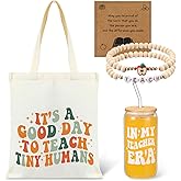 Acellegic Teacher Gift Set Teacher Birthday Appreciation Gift End of Year Thank You Tote Bag Glass Tumbler Apple Bracelet Crochet Sunflower Retirement Gifts Graduation Teachers Gifts for Women